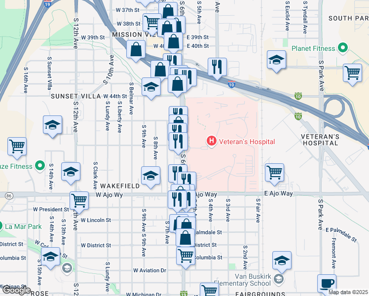 map of restaurants, bars, coffee shops, grocery stores, and more near 3601 South 6th Avenue in Tucson