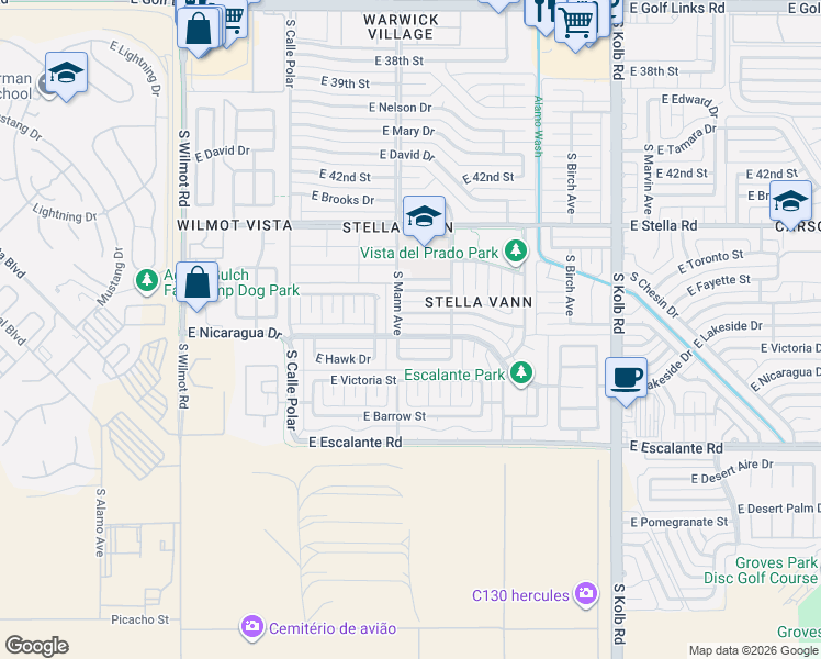 map of restaurants, bars, coffee shops, grocery stores, and more near 6711 East Nicaragua Drive in Tucson