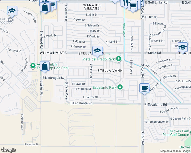 map of restaurants, bars, coffee shops, grocery stores, and more near 6726 East Nicaragua Drive in Tucson