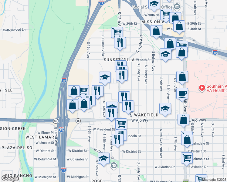 map of restaurants, bars, coffee shops, grocery stores, and more near 3602 South 13th Avenue in Tucson