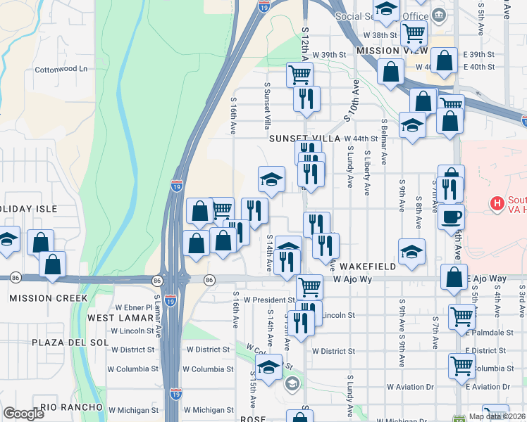 map of restaurants, bars, coffee shops, grocery stores, and more near 715 Calle Romeo in Tucson