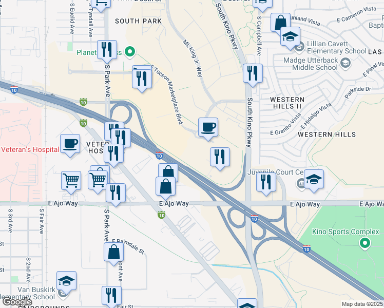 map of restaurants, bars, coffee shops, grocery stores, and more near Interstate 10 in Tucson