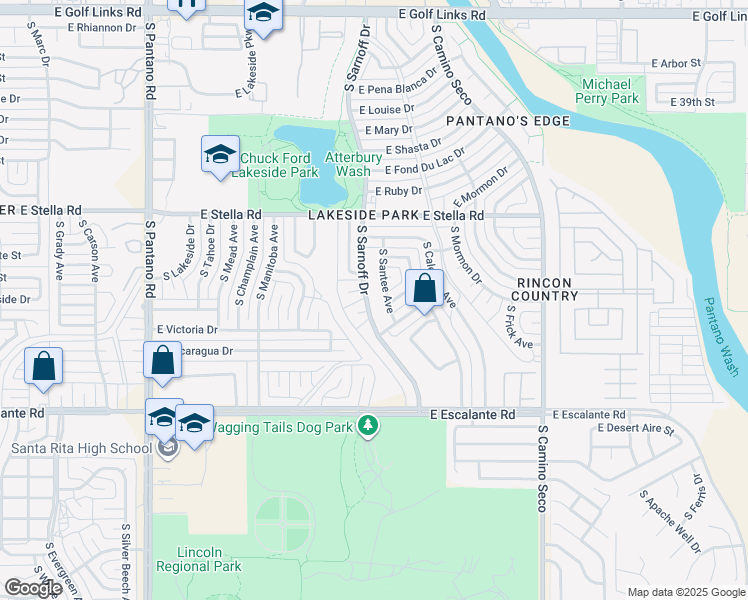 map of restaurants, bars, coffee shops, grocery stores, and more near 3427 South Sarnoff Drive in Tucson