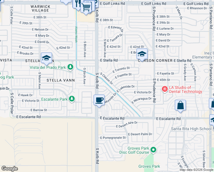 map of restaurants, bars, coffee shops, grocery stores, and more near 7122 East Bellingham Drive in Tucson