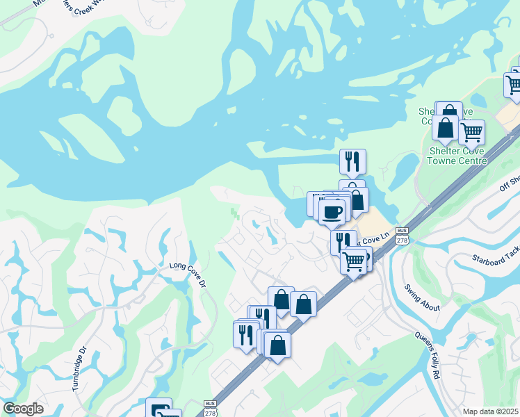 map of restaurants, bars, coffee shops, grocery stores, and more near 2 Shelter Cove Lane in Hilton Head Island