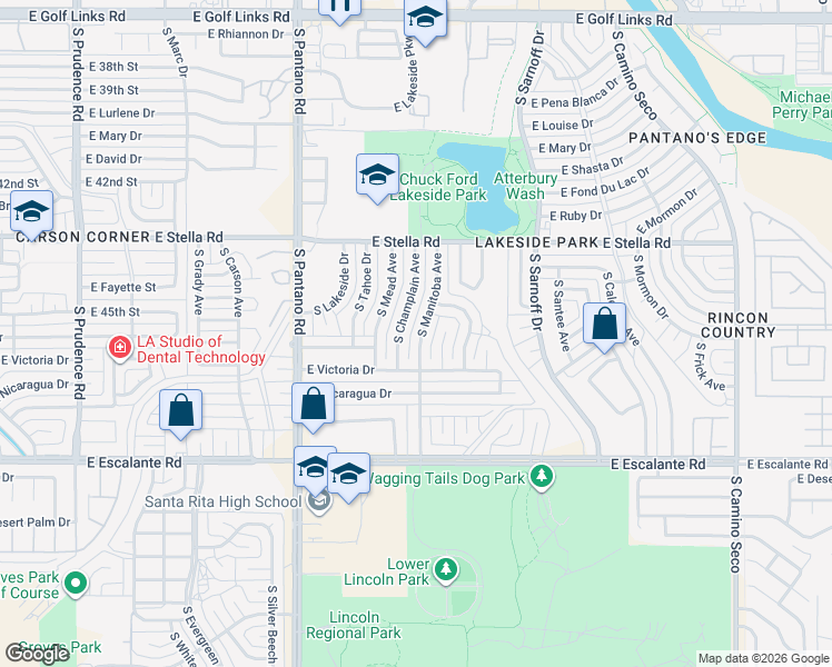 map of restaurants, bars, coffee shops, grocery stores, and more near 3451 South Champlain Avenue in Tucson