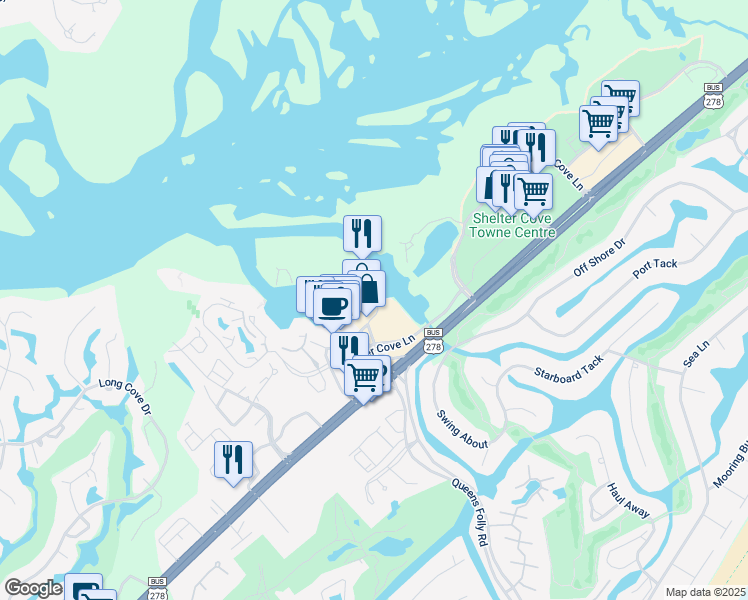 map of restaurants, bars, coffee shops, grocery stores, and more near 18 Harbourside Lane in Hilton Head Island