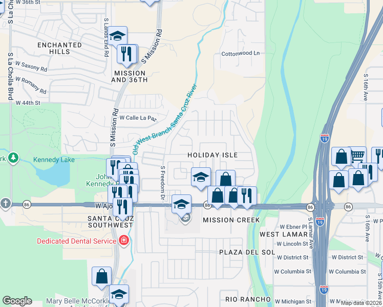 map of restaurants, bars, coffee shops, grocery stores, and more near Los Santos in Tucson