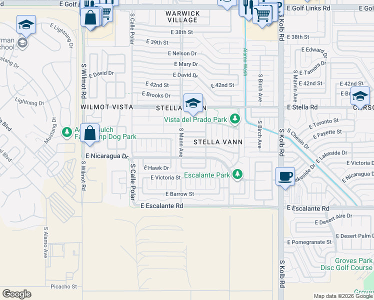 map of restaurants, bars, coffee shops, grocery stores, and more near 6726 East Nicaragua Drive in Tucson