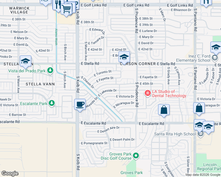 map of restaurants, bars, coffee shops, grocery stores, and more near 7321 East Victoria Drive in Tucson