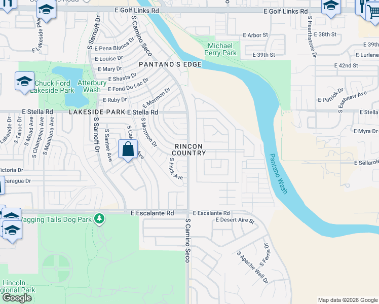 map of restaurants, bars, coffee shops, grocery stores, and more near 3411 South Camino Seco in Tucson