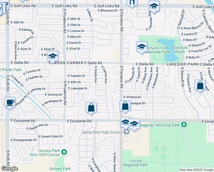 map of restaurants, bars, coffee shops, grocery stores, and more near 7750 East Winnepeg Drive in Tucson