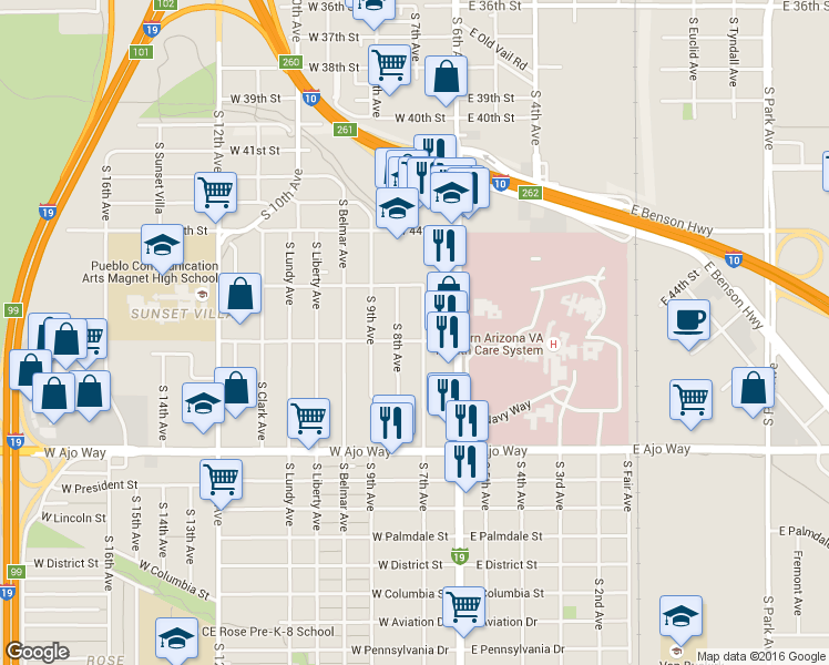 map of restaurants, bars, coffee shops, grocery stores, and more near 3610 South 7th Avenue in Tucson