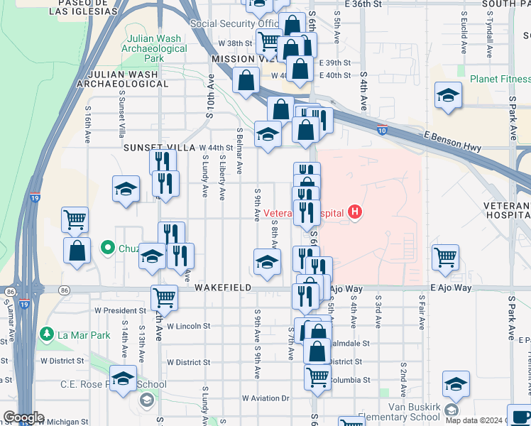 map of restaurants, bars, coffee shops, grocery stores, and more near 3609 South 9th Avenue in Tucson