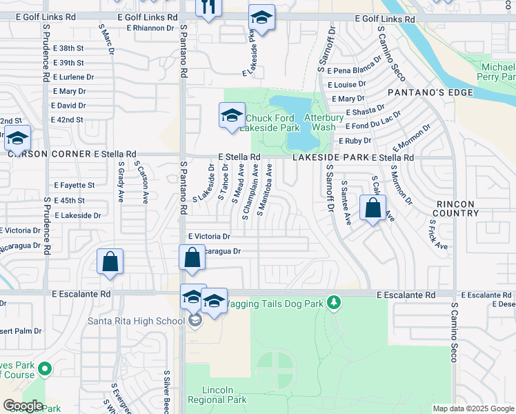 map of restaurants, bars, coffee shops, grocery stores, and more near 3414 South Manitoba Avenue in Tucson