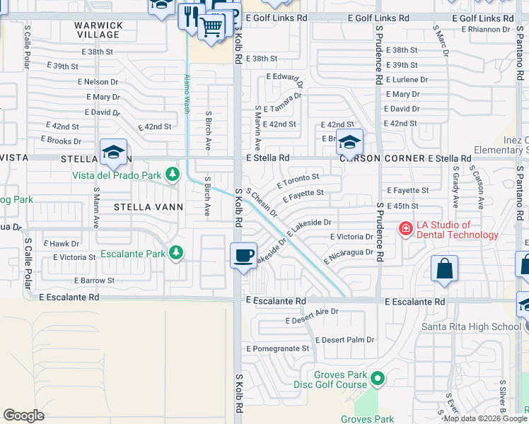 map of restaurants, bars, coffee shops, grocery stores, and more near 7200 East Toronto Street in Tucson