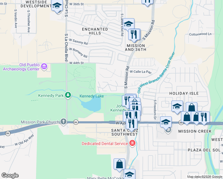 map of restaurants, bars, coffee shops, grocery stores, and more near 3508 South Mission Road in Tucson