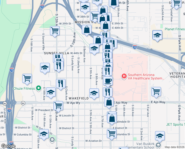 map of restaurants, bars, coffee shops, grocery stores, and more near 3553 South 9th Avenue in Tucson