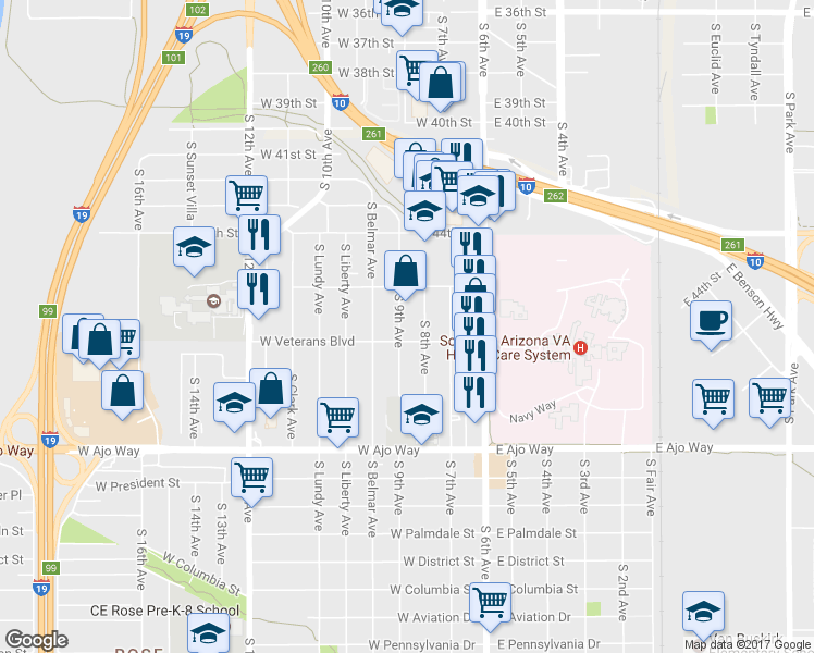 map of restaurants, bars, coffee shops, grocery stores, and more near 3555 South 9th Avenue in Tucson