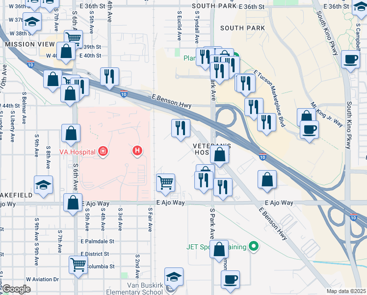map of restaurants, bars, coffee shops, grocery stores, and more near 736 East 44th Street in Tucson