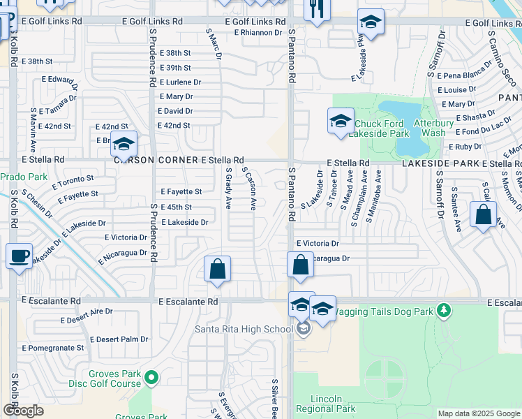 map of restaurants, bars, coffee shops, grocery stores, and more near 3371 South Carson Avenue in Tucson