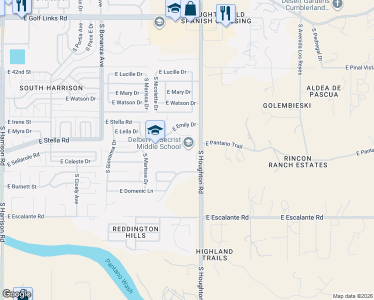 map of restaurants, bars, coffee shops, grocery stores, and more near 10270 Emily Place in Tucson