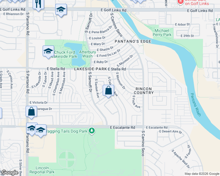 map of restaurants, bars, coffee shops, grocery stores, and more near 8381 East Camarillo Drive in Tucson