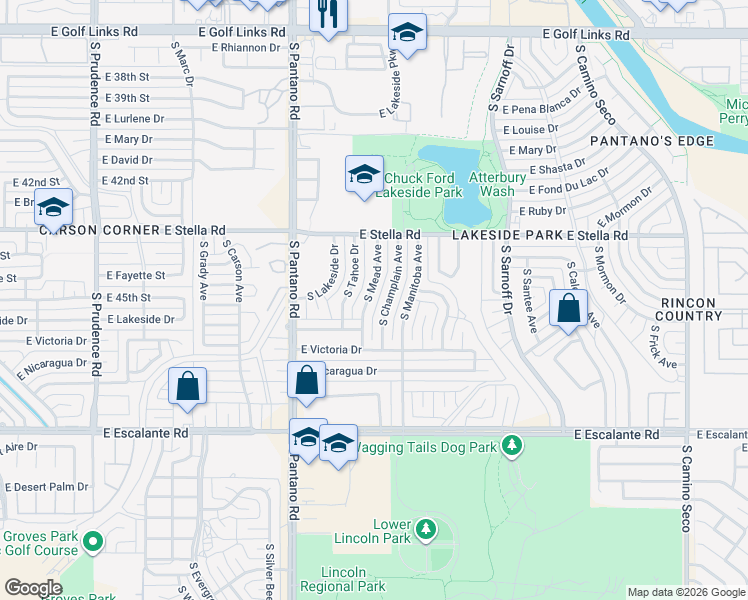 map of restaurants, bars, coffee shops, grocery stores, and more near 3352 South Champlain Avenue in Tucson
