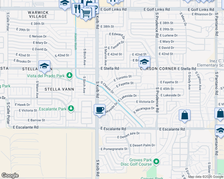 map of restaurants, bars, coffee shops, grocery stores, and more near 7200 East Toronto Street in Tucson