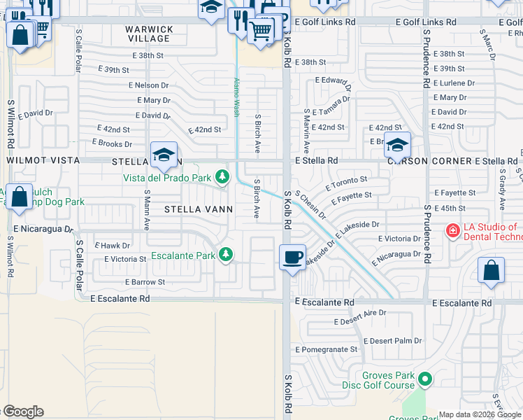 map of restaurants, bars, coffee shops, grocery stores, and more near 3331 South Birch Avenue in Tucson