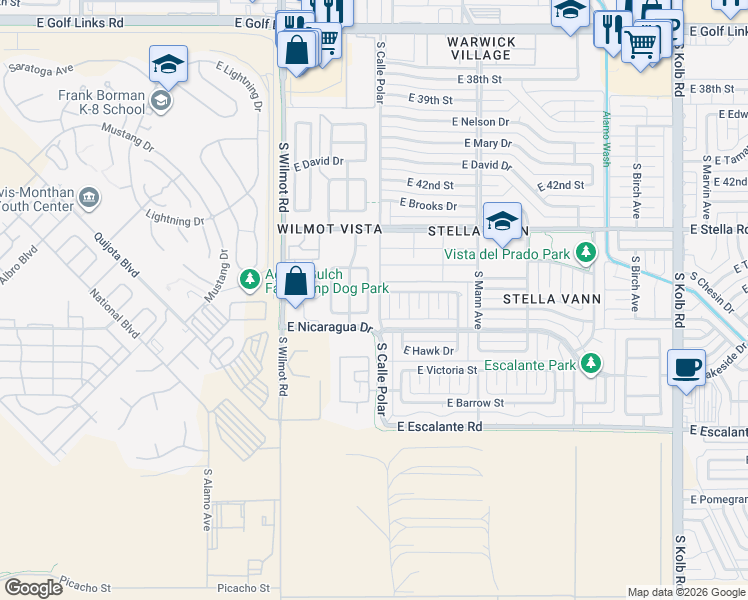 map of restaurants, bars, coffee shops, grocery stores, and more near 3382 South Whistler Drive in Tucson