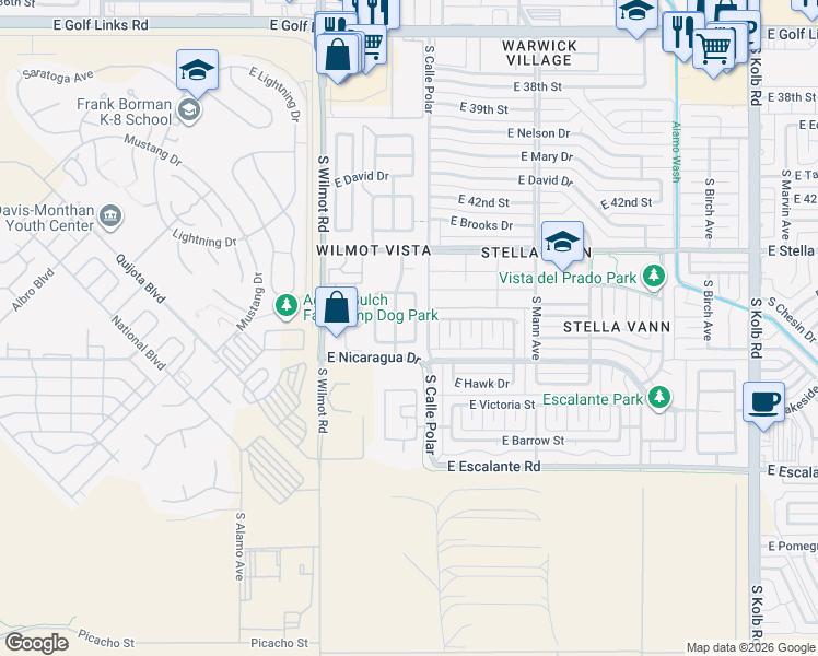 map of restaurants, bars, coffee shops, grocery stores, and more near 3382 South Whistler Drive in Tucson