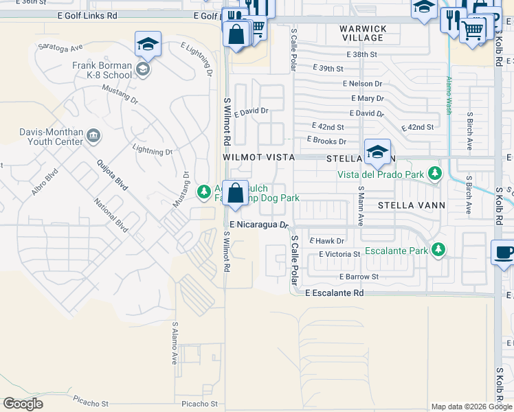map of restaurants, bars, coffee shops, grocery stores, and more near 3384 South Crown Dancer Drive in Tucson