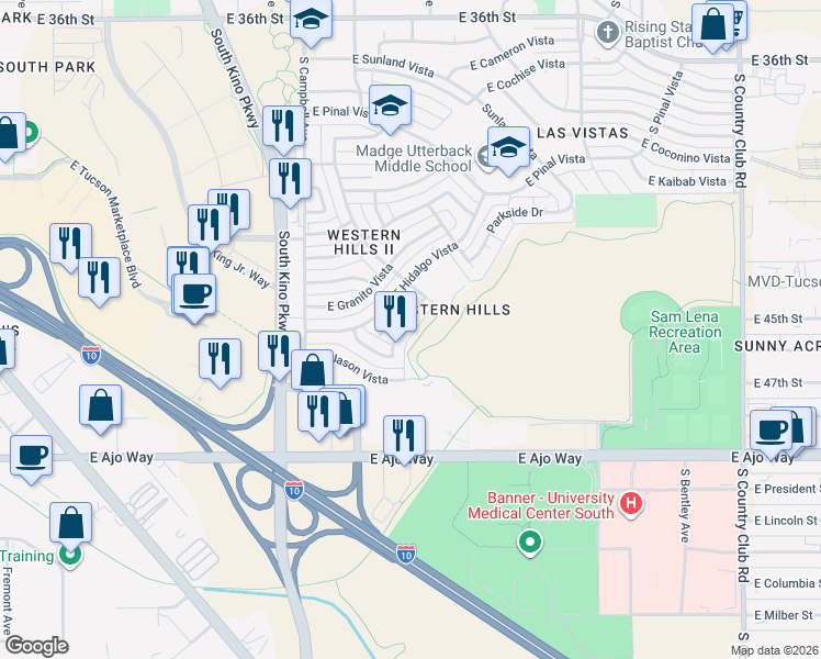 map of restaurants, bars, coffee shops, grocery stores, and more near 2057 East Hancock Vista in Tucson