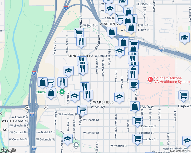 map of restaurants, bars, coffee shops, grocery stores, and more near 3525 South Lundy Avenue in Tucson