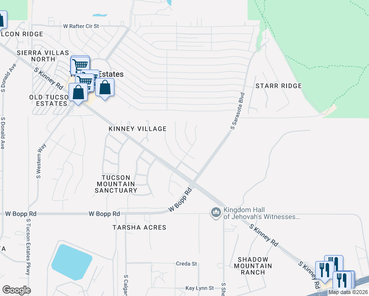 map of restaurants, bars, coffee shops, grocery stores, and more near 3366 South Thunder Chorus Road in Tucson