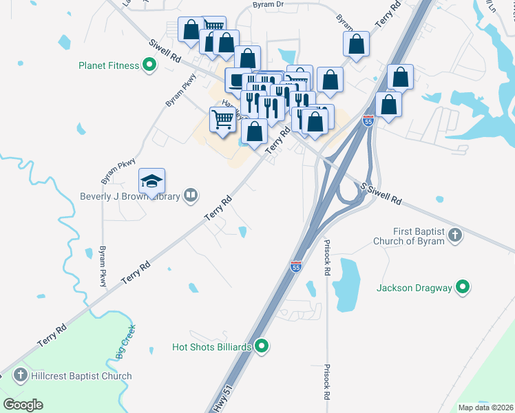 map of restaurants, bars, coffee shops, grocery stores, and more near 5830 Terry Road in Byram