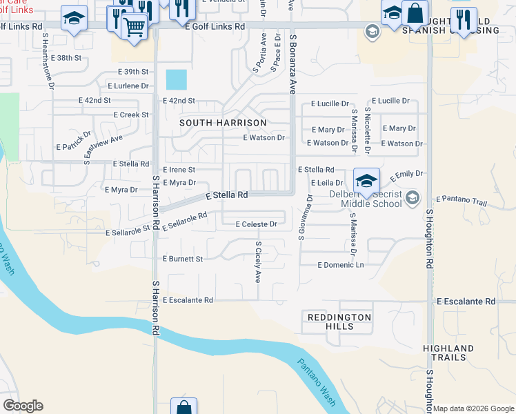 map of restaurants, bars, coffee shops, grocery stores, and more near 9752 East Stella Road in Tucson