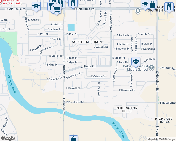 map of restaurants, bars, coffee shops, grocery stores, and more near 9702 East Stella Road in Tucson