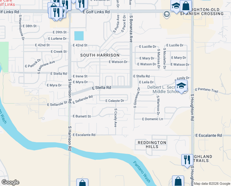 map of restaurants, bars, coffee shops, grocery stores, and more near 9752 East Stella Road in Tucson