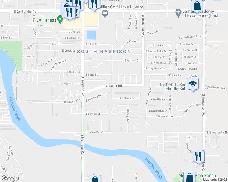 map of restaurants, bars, coffee shops, grocery stores, and more near 9702 East Stella Road in Tucson