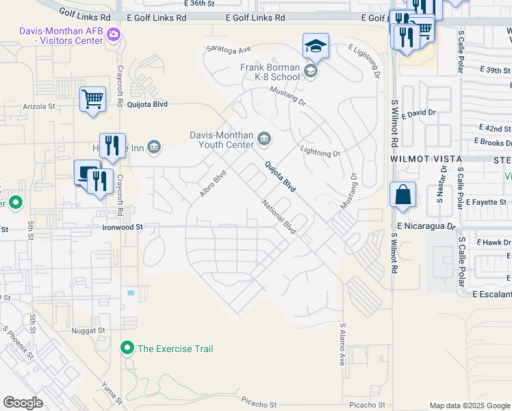 map of restaurants, bars, coffee shops, grocery stores, and more near 5873 American Avenue in Tucson