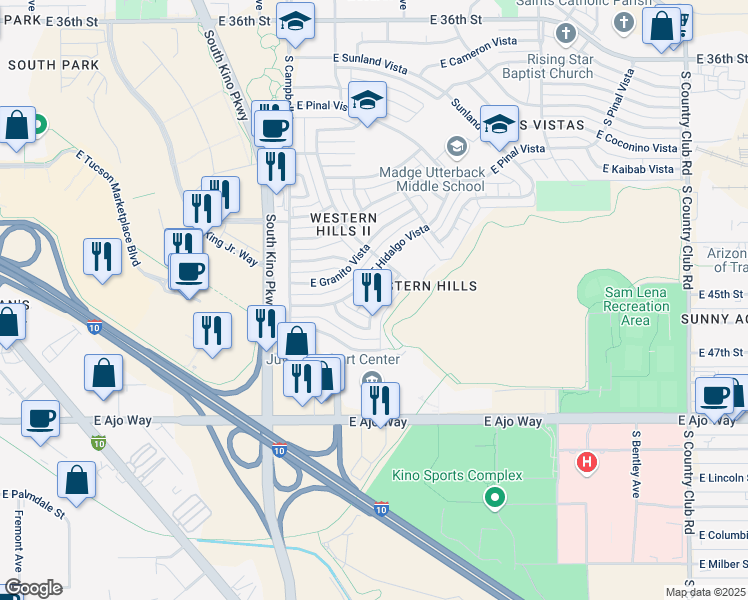 map of restaurants, bars, coffee shops, grocery stores, and more near 2057 East Hancock Vista in Tucson