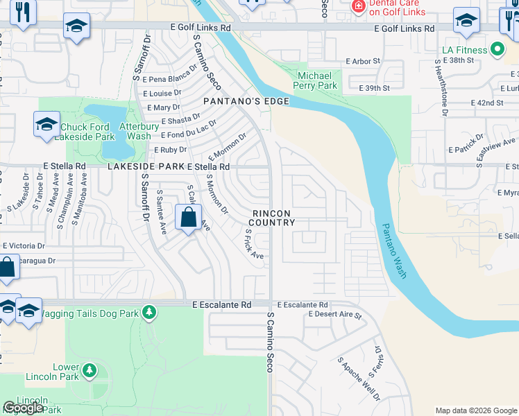 map of restaurants, bars, coffee shops, grocery stores, and more near 3332 South Stearn Lake Drive in Tucson
