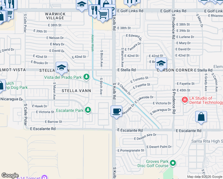 map of restaurants, bars, coffee shops, grocery stores, and more near 3342 South Kolb Road in Tucson