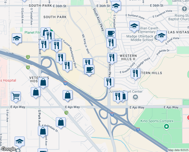 map of restaurants, bars, coffee shops, grocery stores, and more near 1650 East Tucson Marketplace Boulevard in Tucson