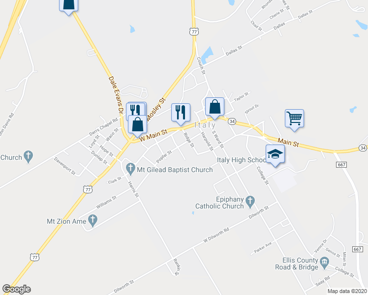 map of restaurants, bars, coffee shops, grocery stores, and more near 208 Poplar Street in Italy
