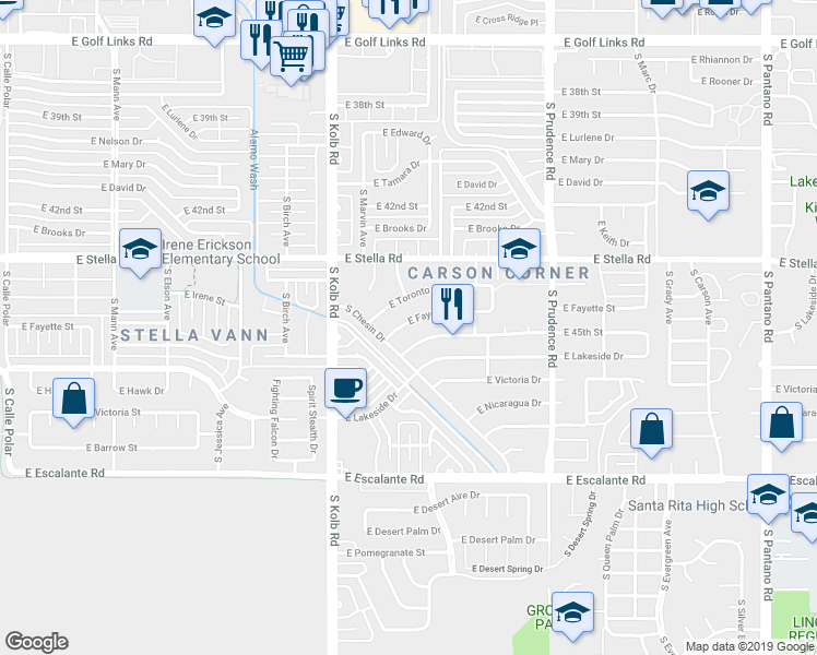 map of restaurants, bars, coffee shops, grocery stores, and more near 7230 East Fayette Street in Tucson