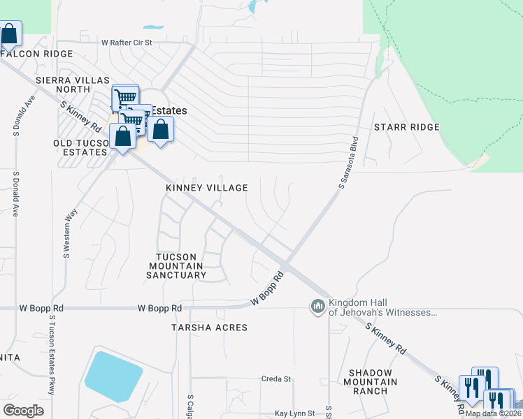 map of restaurants, bars, coffee shops, grocery stores, and more near 3366 South Thunder Chorus Road in Tucson
