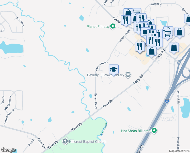 map of restaurants, bars, coffee shops, grocery stores, and more near 130 Byram Parkway in Jackson